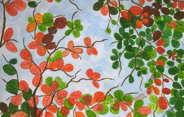 Nature watercolor painting titled 'Leaves in flowers colours', 8x12 inches, by artist Sindhulina Chandrasingh on Paper