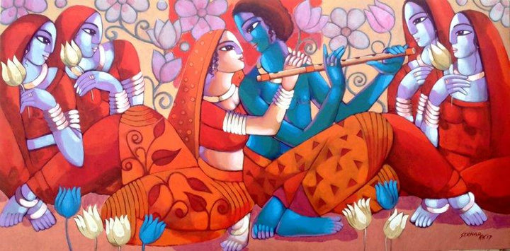 Figurative acrylic painting titled 'Leela', 36x72 inches, by artist Sekhar Roy on canvas