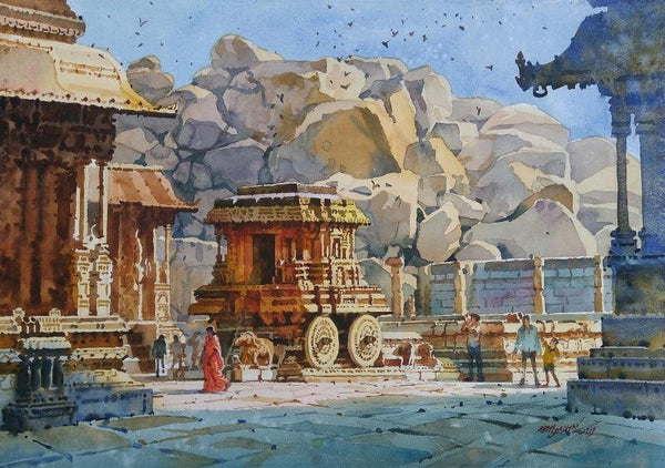 Cityscape watercolor painting titled 'Lemon Light On Stone Chariot Hampi', 24x30 inches, by artist Abhijit Jadhav on Paper