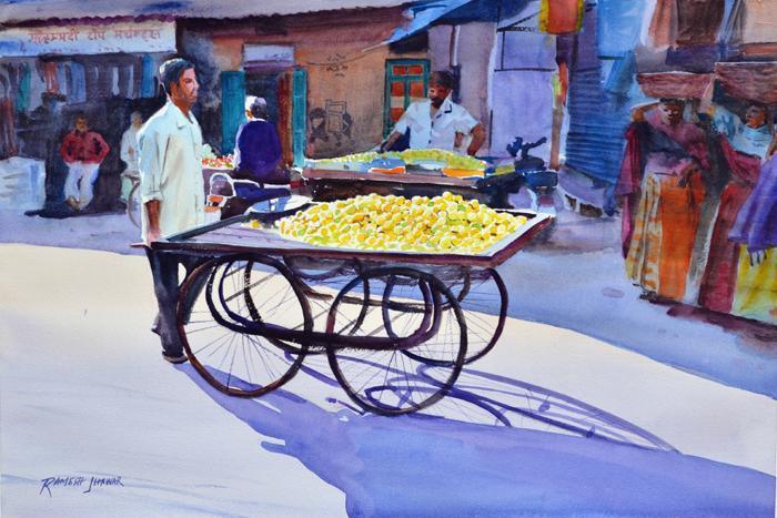 Figurative watercolor painting titled 'Lemon Seller', 14x21 inches, by artist Ramesh Jhawar on Paper