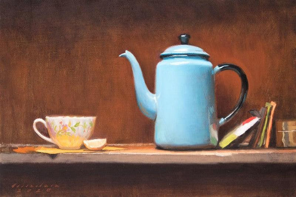 Still-life oil painting titled 'Lemon Tea', 12x18 inches, by artist Amit Srivastava on Linen