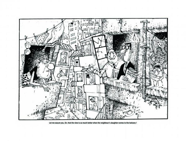 Cityscape pen ink painting titled 'Let Me Assure You', 29x21 inches, by artist Mario Miranda on Paper