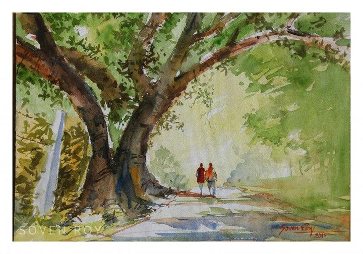 Landscape watercolor painting titled 'Lets Go For A Walk', 14x10 inches, by artist Soven Roy on Paper