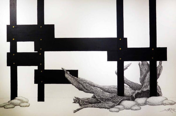 Abstract ink drawing titled 'Life 2', 36x60 inches, by artist Dhananjay Thakur on Canvas
