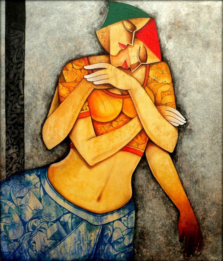 Figurative acrylic painting titled 'Life 81', 42x36 inches, by artist Nawal Kishore on Canvas