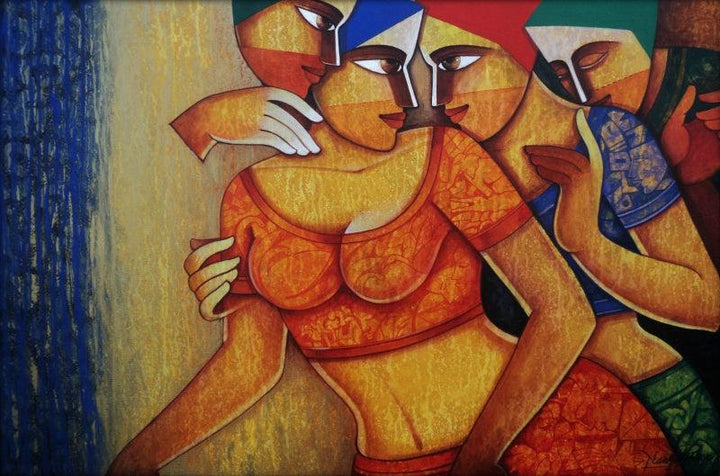 Figurative acrylic painting titled 'Life 94', 24x36 inches, by artist Nawal Kishore on Canvas