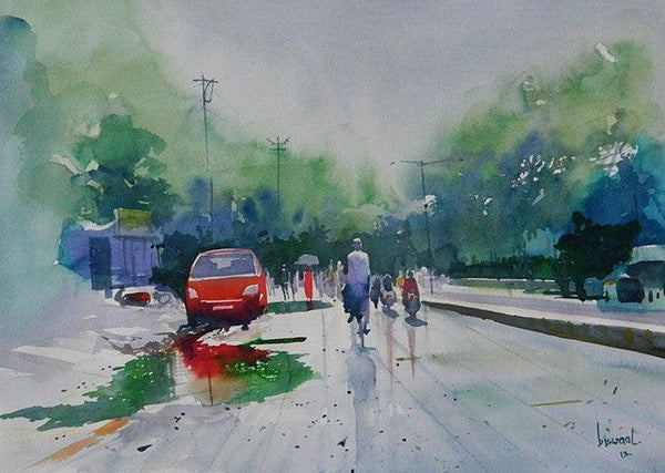 Cityscape watercolor painting titled 'Life After Rain I', 11x16 inches, by artist Bijay Biswaal on Paper