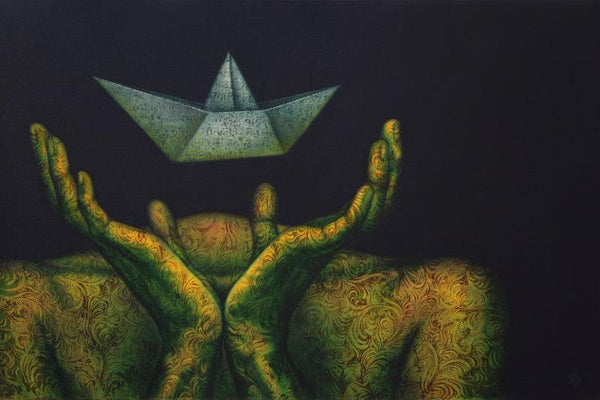 Figurative acrylic painting titled 'Life Boat', 36x54 inches, by artist Nilesh Vede on Canvas