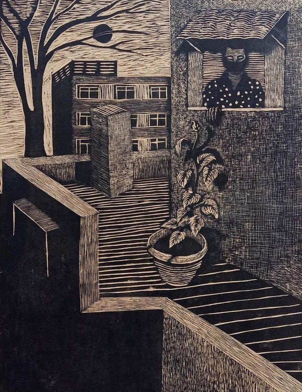 contemporary printmaking titled 'Life In A Lockdown', 14x10 inches, by artist Neeraj Khandka on MDF Board