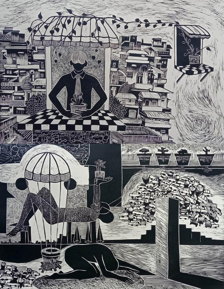 contemporary printmaking titled 'Life In Concrete', 48x36 inches, by artist Neeraj Khandka on Paper