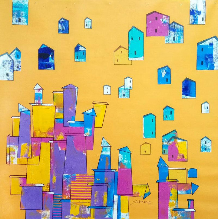 Cityscape acrylic painting titled 'Life Of Village 6', 33x33 inches, by artist Shankar Lohar on Canvas