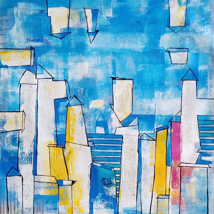 Cityscape acrylic painting titled 'Life Of Village 7', 24x24 inches, by artist Shankar Lohar on Canvas