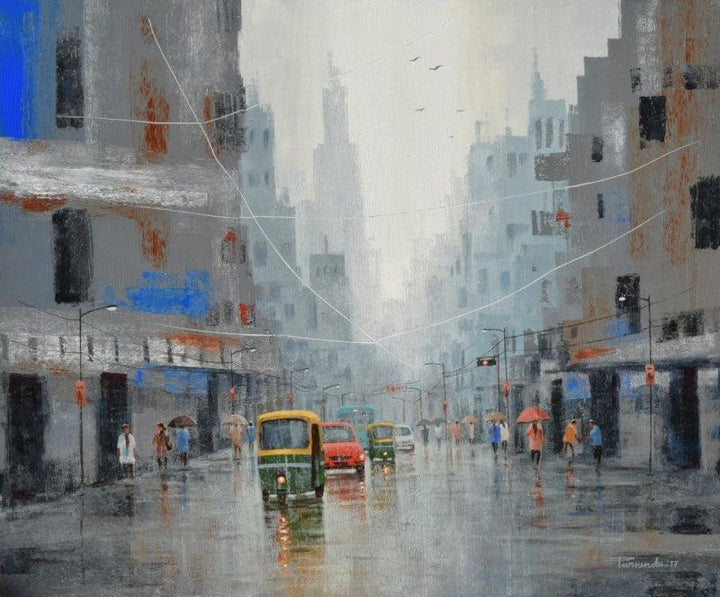 Cityscape acrylic painting titled 'Life On A Rainy Day', 30x36 inches, by artist Purnendu Mandal on Canvas