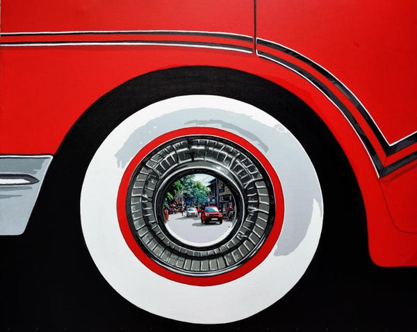 Transportation acrylic painting titled 'Life Wheel 23', 48x60 inches, by artist Sujit Karmakar on Canvas