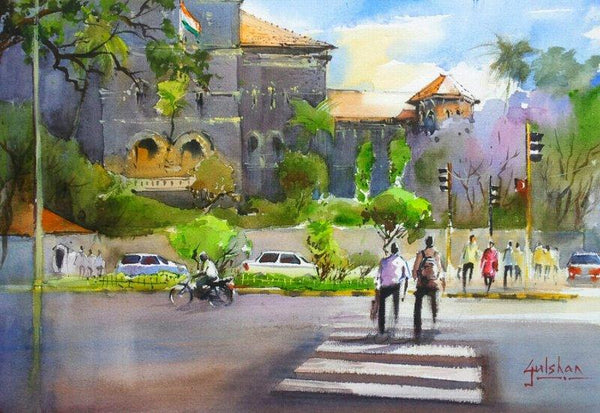 Cityscape watercolor painting titled 'Lifes A Cross over', 18x13 inches, by artist Gulshan Achari on Paper