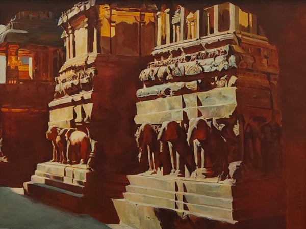 Religious acrylic painting titled 'Light And Shade Of Kailas Temple 1', 36x48 inches, by artist Sheetal Bawkar on Canvas