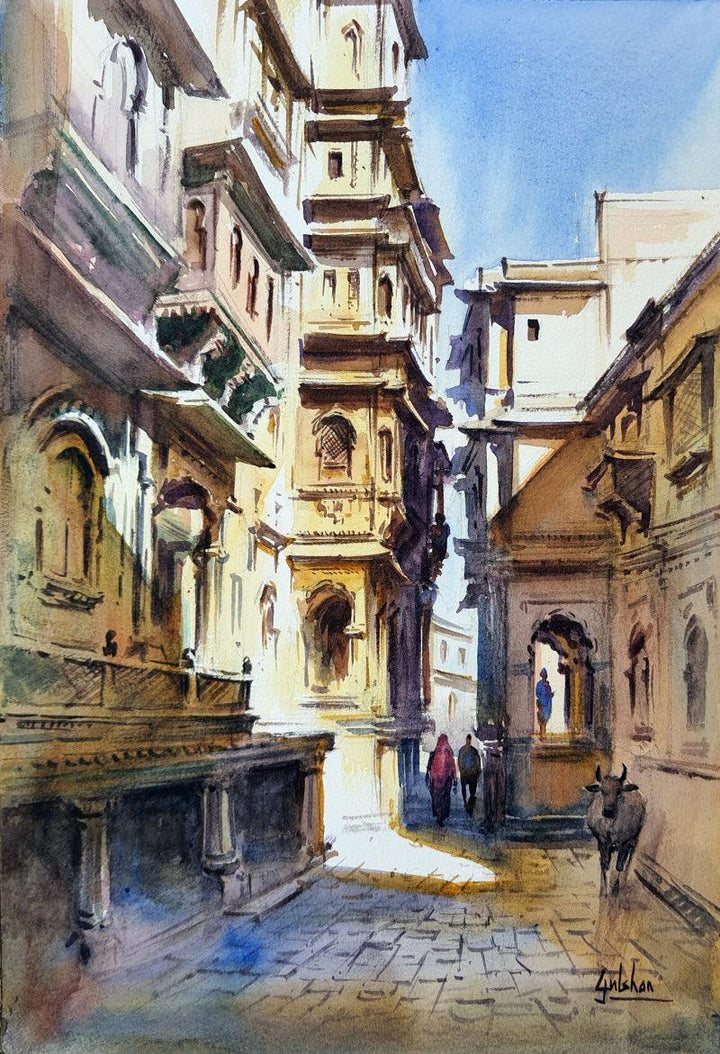 Cityscape watercolor painting titled 'Light And Shadow Play On Jailsalmer', 15x10 inches, by artist Gulshan Achari on Paper