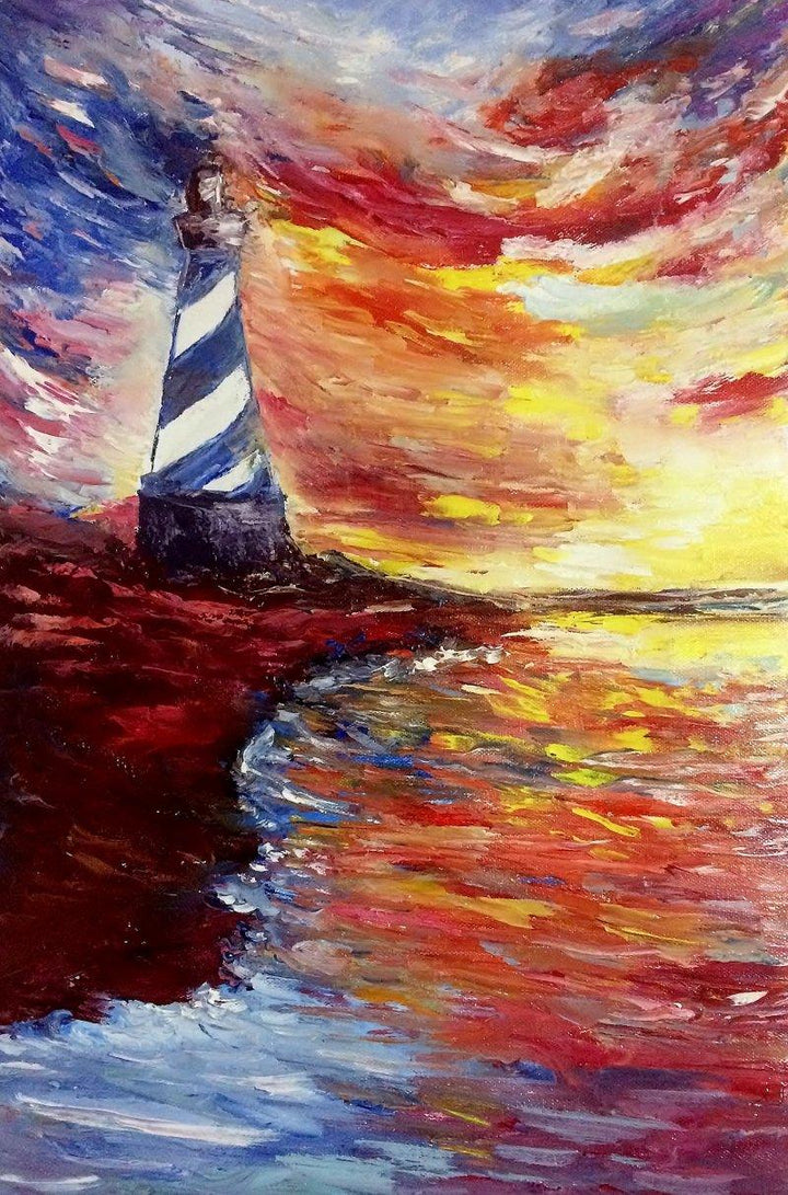 Seascape oil painting titled 'Lighthouse', 14x21 inches, by artist Kiran Bableshwar on Canvas