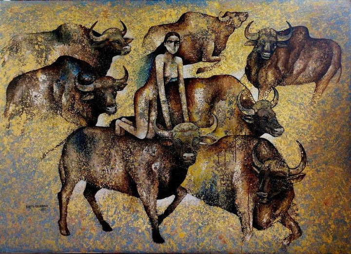 Figurative mixed media painting titled 'Like An Unforgotten Nightmare', 48x68 inches, by artist Ranjith Raghupathy on Canvas