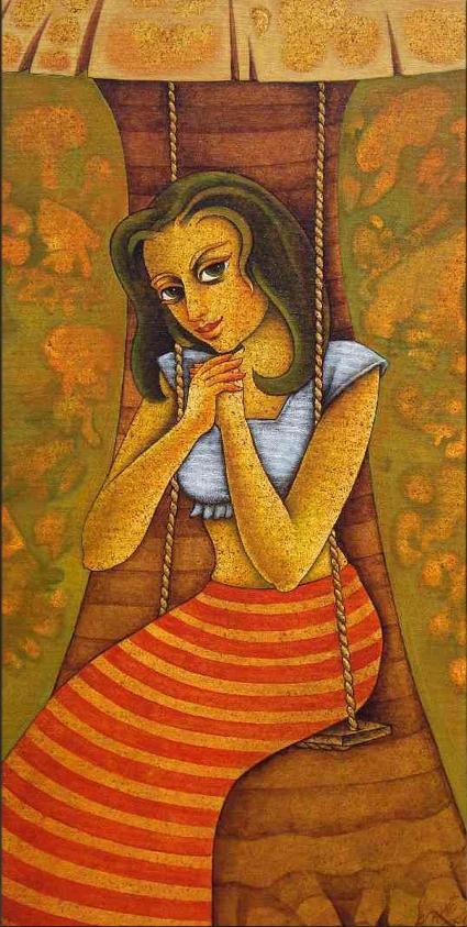 Figurative acrylic painting titled 'Lilting Memories', 17x34 inches, by artist Ramchandra B Pokale on Canvas