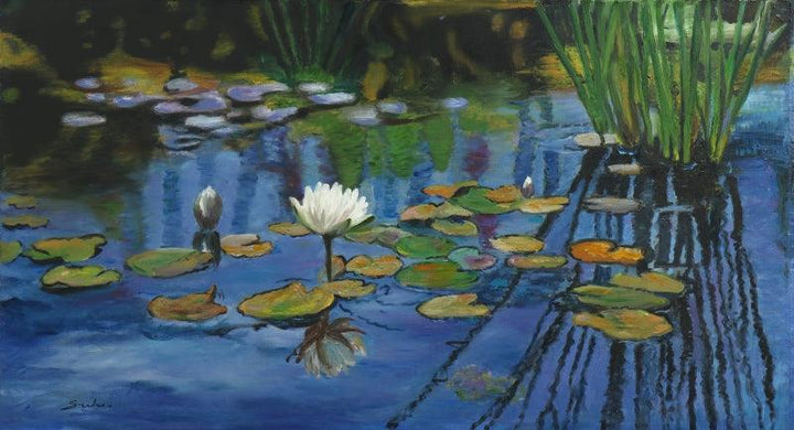 Impressionist oil painting titled 'Lily pond 10', 48x26 inches, by artist Sulakshana Dharmadhikari on Canvas