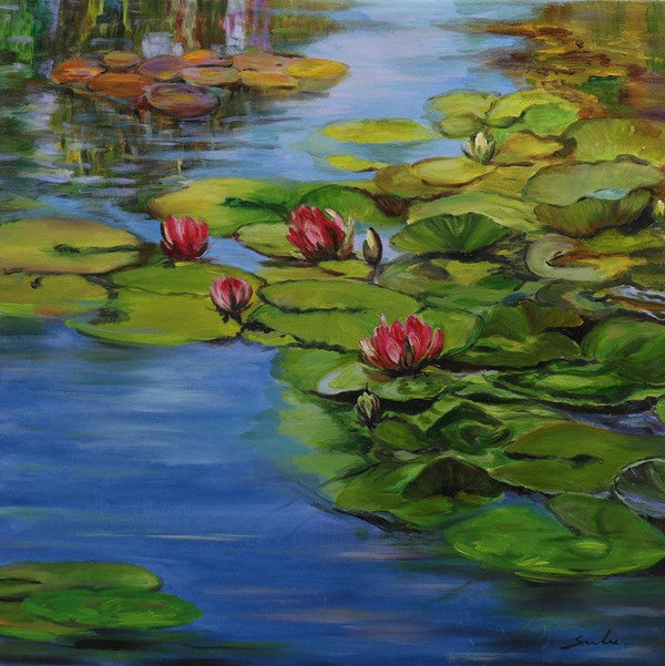 Landscape oil painting titled 'Lily Pond 13 30x30', 30x30 inches, by artist Sulakshana Dharmadhikari on Canvas