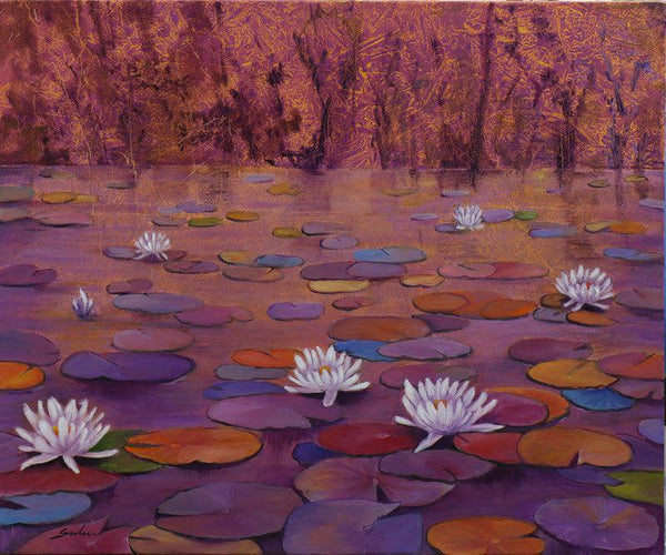 Landscape oil painting titled 'Lily Pond 17 36x30', 36x30 inches, by artist Sulakshana Dharmadhikari on Canvas