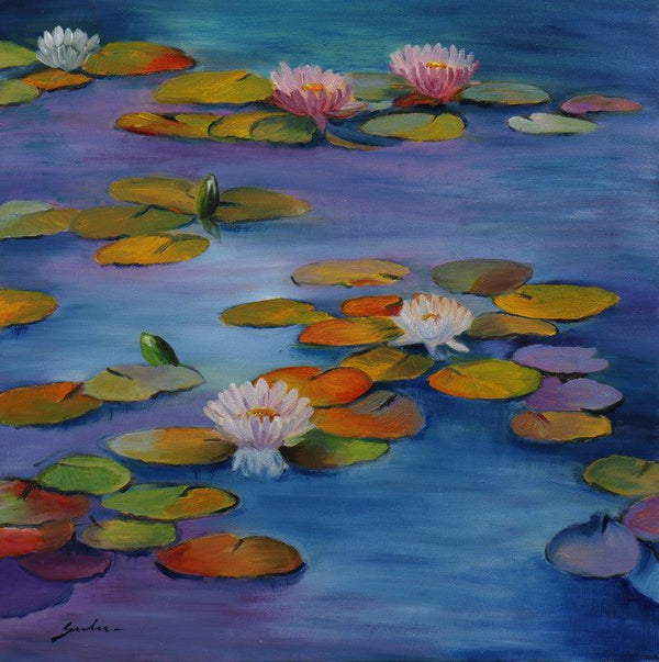 Landscape oil painting titled 'Lily Pond 19 24x24', 24x24 inches, by artist Sulakshana Dharmadhikari on Canvas