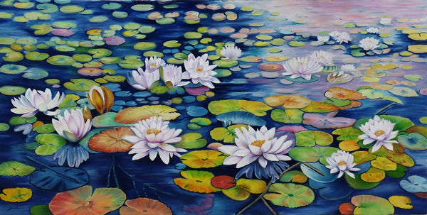 Landscape oil painting titled 'Lily Pond 24', 30x60 inches, by artist Sulakshana Dharmadhikari on Canvas