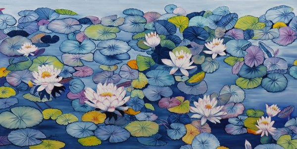 Nature oil painting titled 'Lily Pond 25', 30x60 inches, by artist Sulakshana Dharmadhikari on Canvas