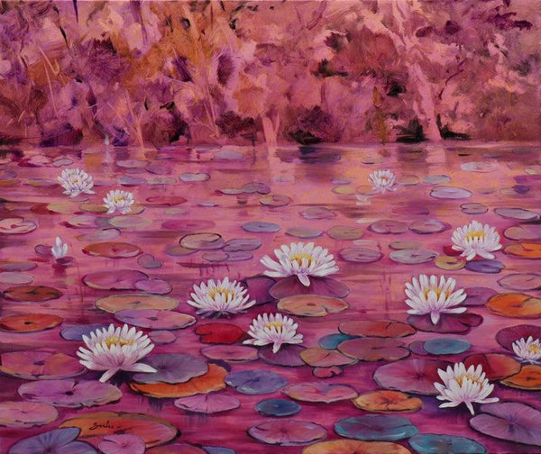 Nature oil painting titled 'Lily Pond 27', 40x48 inches, by artist Sulakshana Dharmadhikari on Canvas