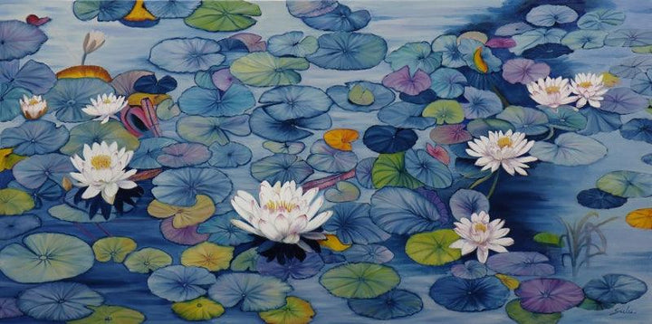 Nature oil painting titled 'Lily Pond', 60x30 inches, by artist Sulakshana Dharmadhikari on Canvas