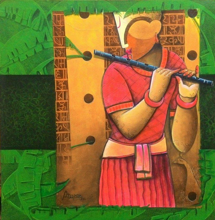 Figurative acrylic painting titled 'Lingering echoes', 30x30 inches, by artist Anupam Pal on Canvas