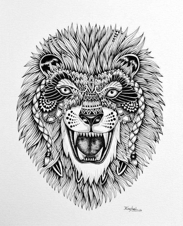 Animals pen drawing titled 'Lion 1', 15x11 inches, by artist Kushal Kumar on Paper