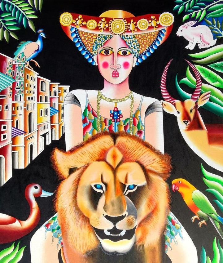 Figurative acrylic painting titled 'Lion And Woman', 42x36 inches, by artist Ravi Kattakuri on Canvas