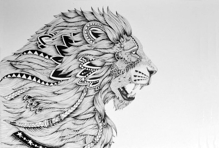 Animals pen drawing titled 'Lion King', 22x30 inches, by artist Kushal Kumar on Paper