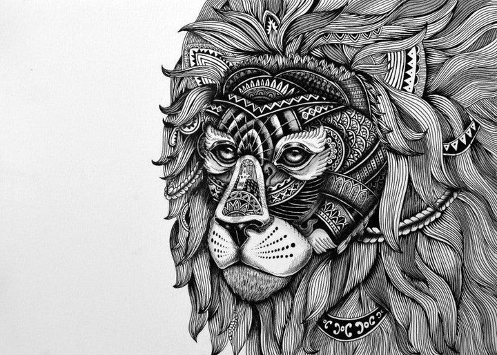 Animals pen drawing titled 'Lion Mask 1', 11x15 inches, by artist Kushal Kumar on Paper