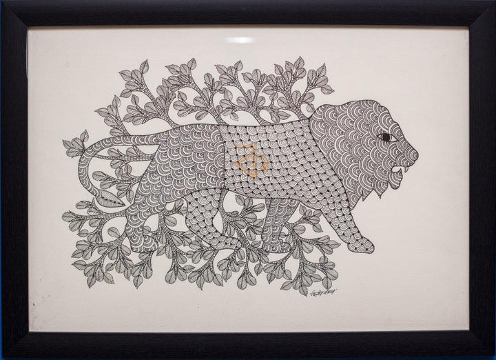 Folk Art gond traditional art titled 'Lion monochrome Gond Art', 14x20 inches, by artist Kalavithi Art Ventures on Canvas