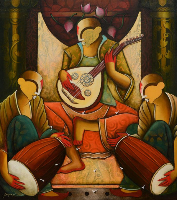 Figurative acrylic painting titled 'Listen To The Rhythm Of Renewal', 48x54 inches, by artist Anupam Pal on canvas