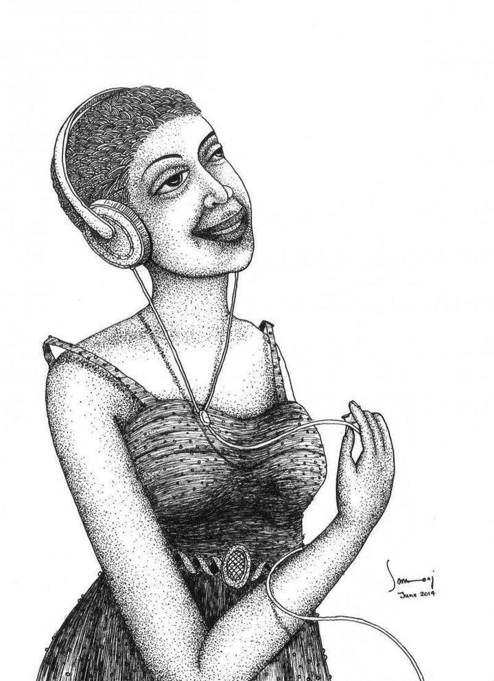 Figurative pen drawing titled 'Listening Music', 11x8 inches, by artist Sanooj KJ on Paper