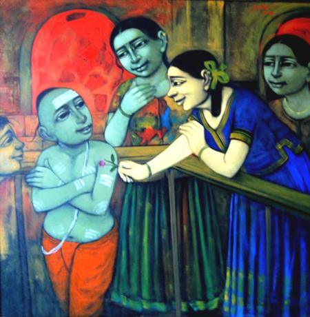 Figurative acrylic painting titled 'Little Love', 48x48 inches, by artist Apet Pramod on Canvas