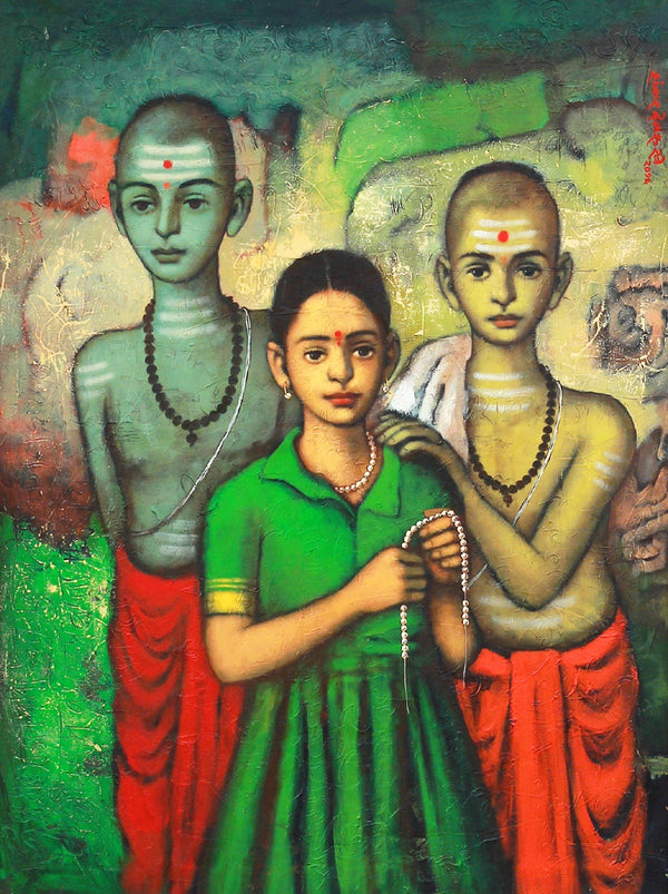 Religious acrylic painting titled 'Little Sister', 48x36 inch, by artist Shankar Devarukhe on Canvas