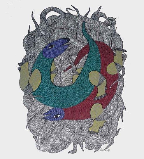 Folk Art gond traditional art titled 'Lizard Couple Gond Art', 15x11 inches, by artist Durgesh Marawi on Paper