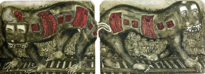 contemporary printmaking titled 'Local Life', 34x77 inches, by artist Charandas Jadhav on Paper