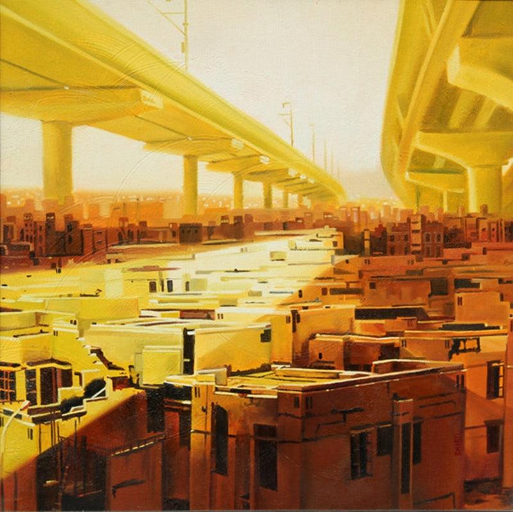 Cityscape oil painting titled 'Lockdown', 24x24 inches, by artist Bhartti Verma on Canvas