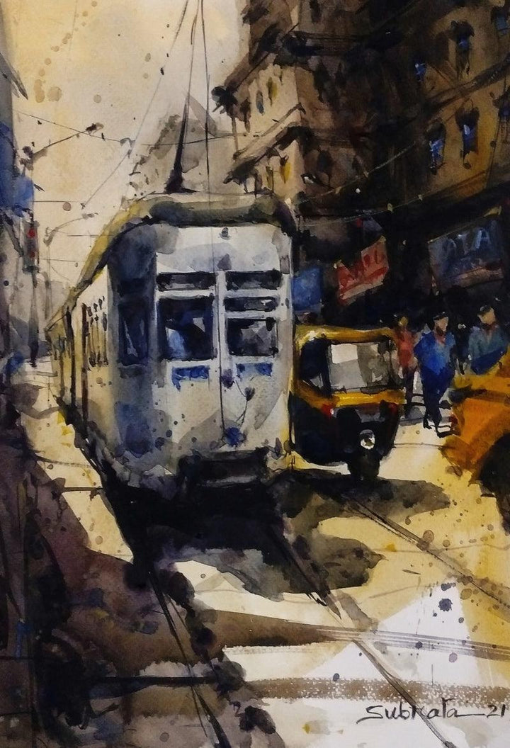 Cityscape watercolor painting titled 'Locomotive 17', 17x12 inches, by artist Subrata Malakar on Paper