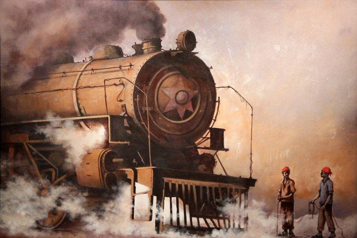 Impressionist acrylic painting titled 'Locomotive13', 39x57 inches, by artist Kishore Pratim  Biswas on Canvas