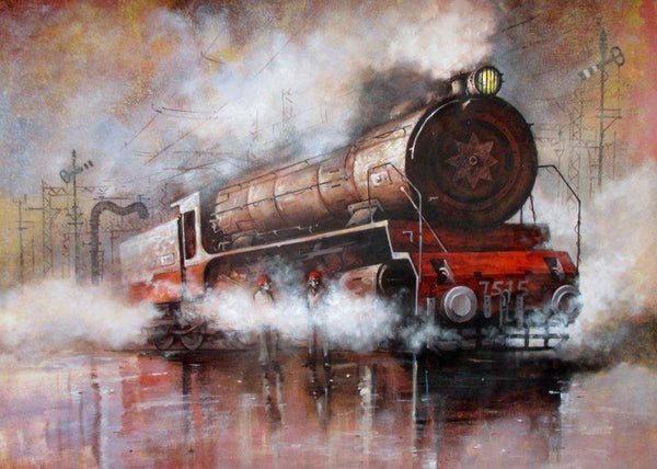 Cityscape acrylic painting titled 'Locomotive16', 36x48 inches, by artist Kishore Pratim  Biswas on Canvas