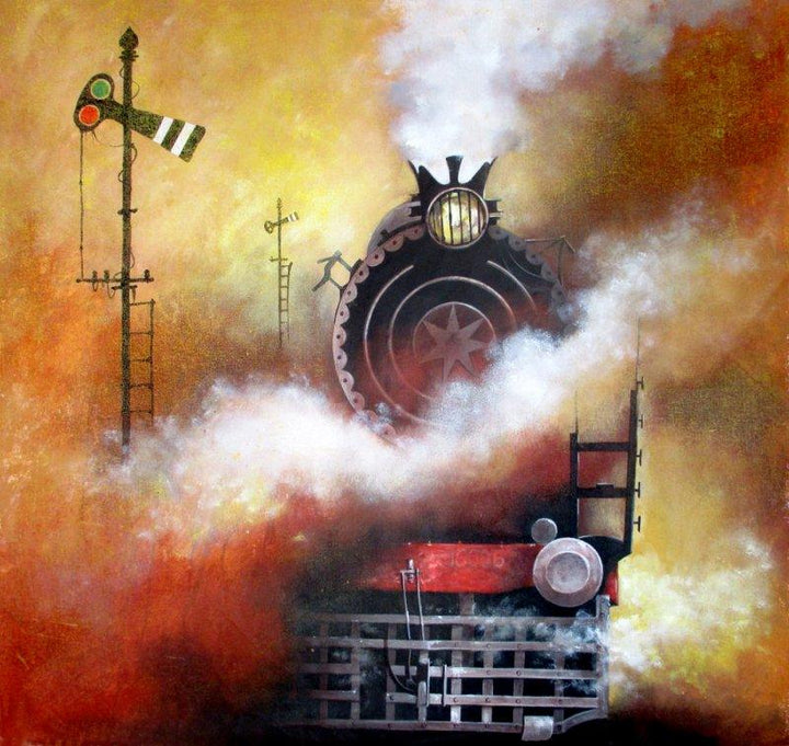 Cityscape acrylic painting titled 'Locomotive19', 37x37 inches, by artist Kishore Pratim  Biswas on Canvas