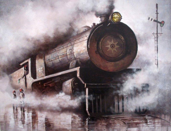 Cityscape acrylic painting titled 'Locomotive20', 36x48 inches, by artist Kishore Pratim  Biswas on Canvas